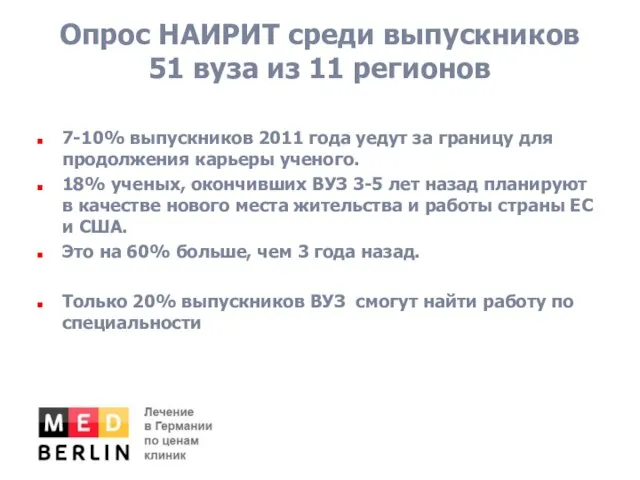 Опрос НАИРИТ среди выпускников 51 вуза из 11 регионов 7-10% выпускников 2011