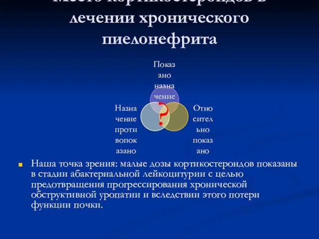 Место кортикостероидов в лечении хронического пиелонефрита Наша точка зрения: малые дозы кортикостероидов