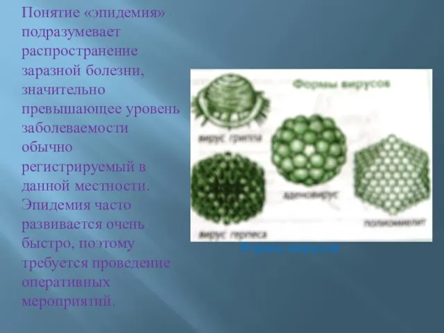 Формы вирусов Понятие «эпидемия» подразумевает распространение заразной болезни, значительно превышающее уровень заболеваемости