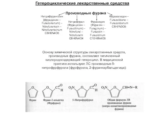 Гетероциклические лекарственные средства Основу химической структуры лекарственных средств, производных фурана, составляет пятичленный