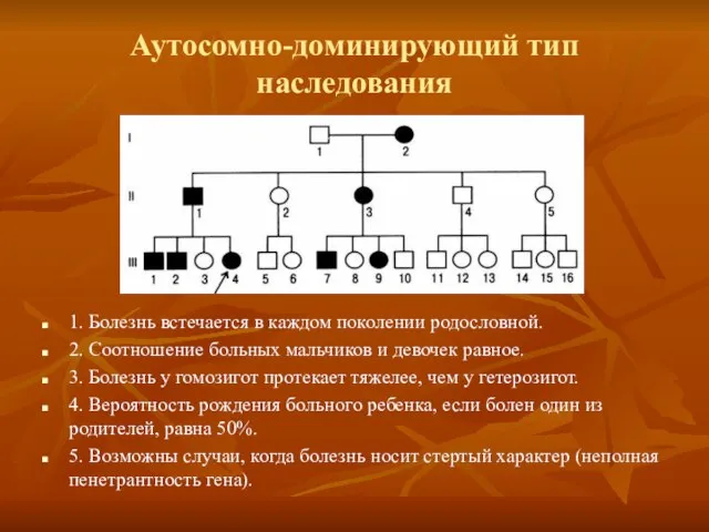 Аутосомно-доминирующий тип наследования 1. Болезнь встечается в каждом поколении родословной. 2. Соотношение