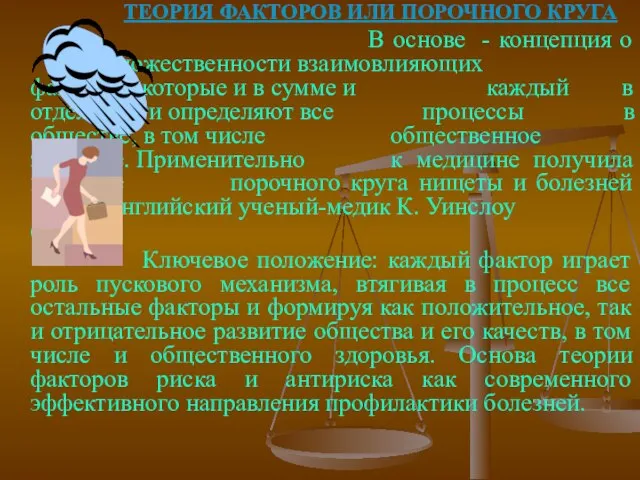 ТЕОРИЯ ФАКТОРОВ ИЛИ ПОРОЧНОГО КРУГА В основе - концепция о множественности взаимовлияющих