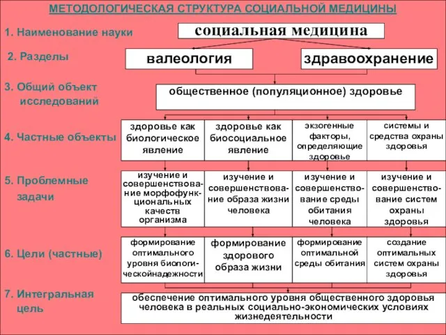 МЕТОДОЛОГИЧЕСКАЯ СТРУКТУРА СОЦИАЛЬНОЙ МЕДИЦИНЫ 1. Наименование науки 2. Разделы 3. Общий объект