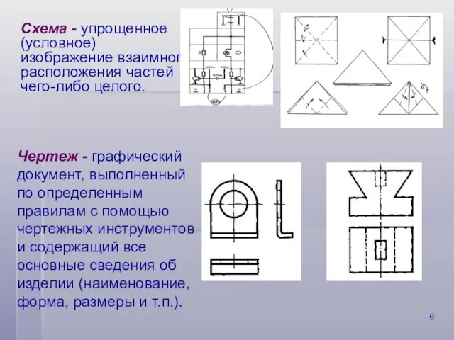 Схема - упрощенное (условное) изображение взаимного расположения частей чего-либо целого. Чертеж -