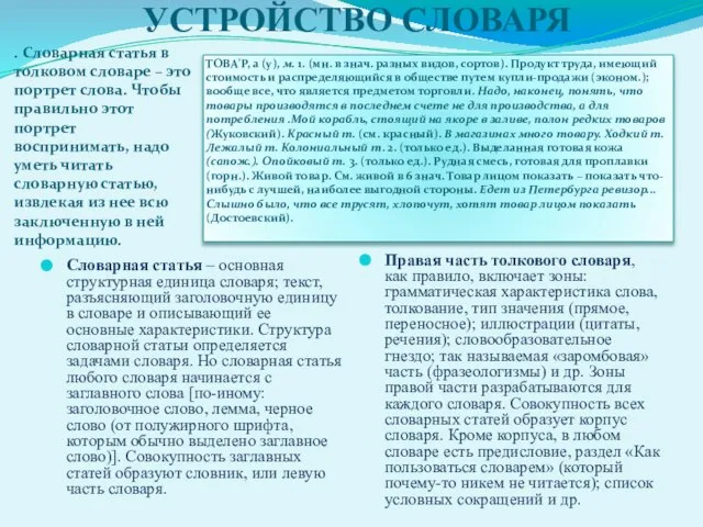 УСТРОЙСТВО СЛОВАРЯ . Словарная статья в толковом словаре – это портрет слова.