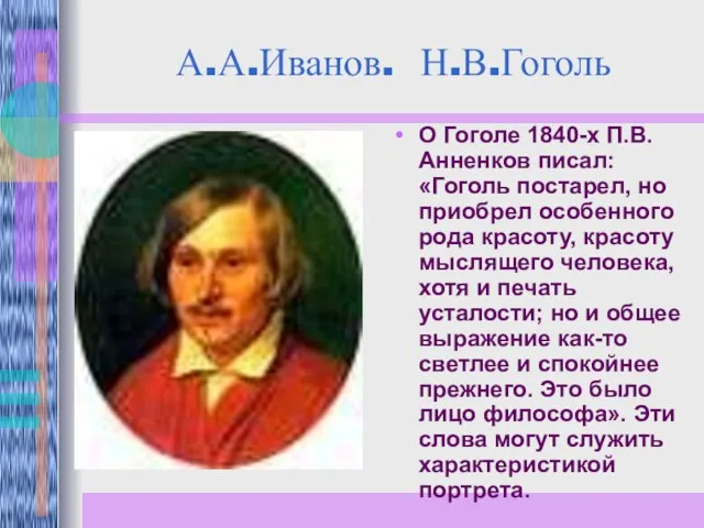 А.А.Иванов. Н.В.Гоголь О Гоголе 1840-х П.В.Анненков писал: «Гоголь постарел, но приобрел особенного