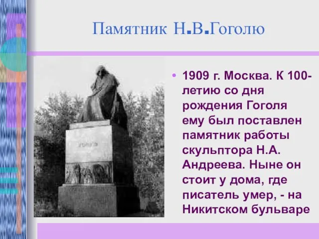 Памятник Н.В.Гоголю 1909 г. Москва. К 100-летию со дня рождения Гоголя ему