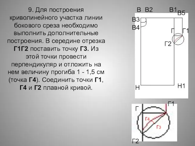 9. Для построения криволинейного участка линии бокового среза необходимо выполнить дополнительные построения.