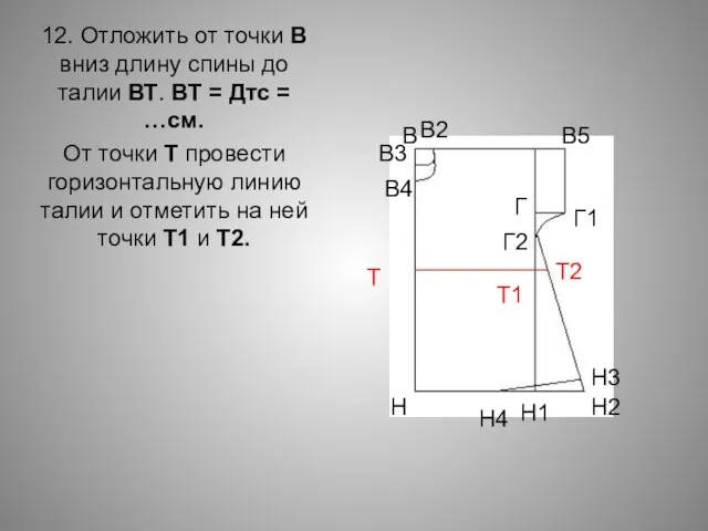 12. Отложить от точки В вниз длину спины до талии ВТ. ВТ