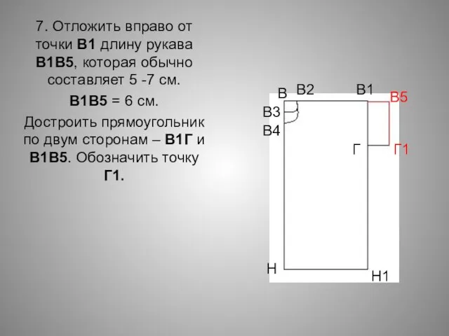 7. Отложить вправо от точки В1 длину рукава В1В5, которая обычно составляет