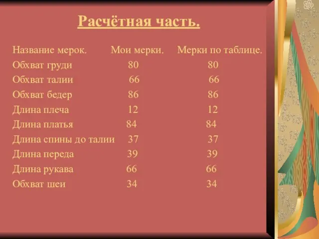 Расчётная часть. Название мерок. Мои мерки. Мерки по таблице. Обхват груди 80