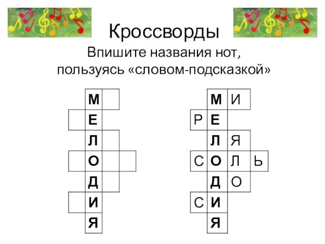 Кроссворды Впишите названия нот, пользуясь «словом-подсказкой»