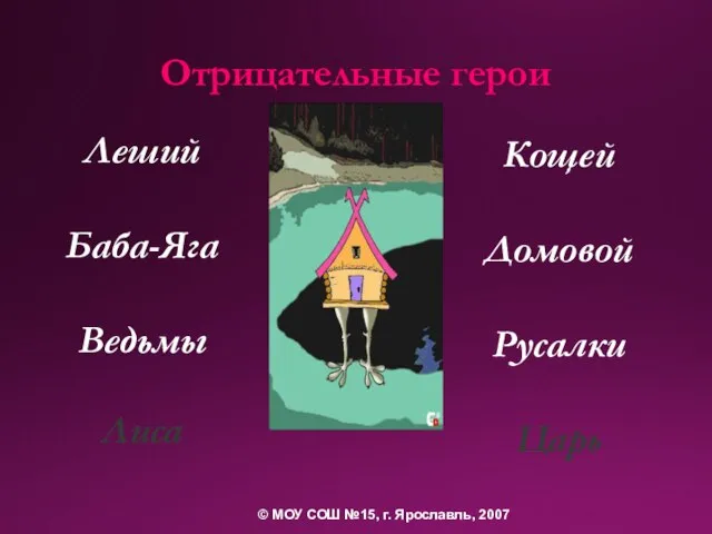 Отрицательные герои Леший Баба-Яга Ведьмы Лиса Кощей Домовой Русалки Царь