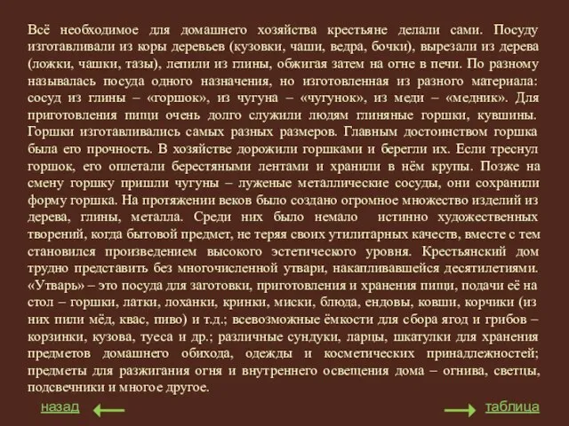 назад таблица Всё необходимое для домашнего хозяйства крестьяне делали сами. Посуду изготавливали