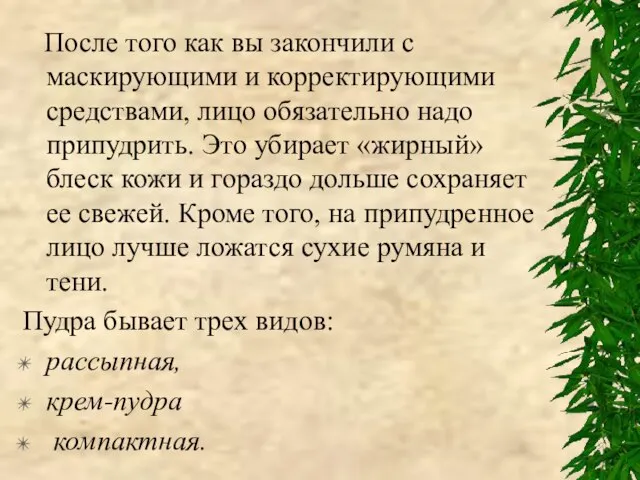 После того как вы закончили с маскирующими и корректирующими средствами, лицо обязательно