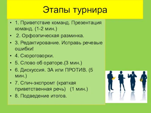 Этапы турнира 1. Приветствие команд. Презентация команд. (1-2 мин.) 2. Орфоэпическая разминка.