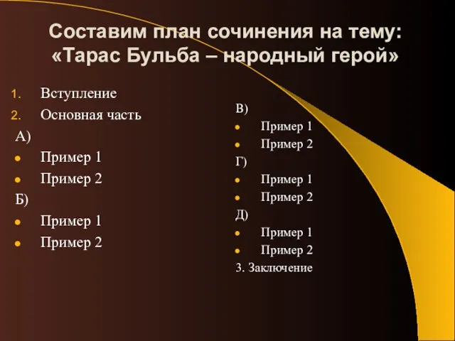 Составим план сочинения на тему: «Тарас Бульба – народный герой» Вступление Основная