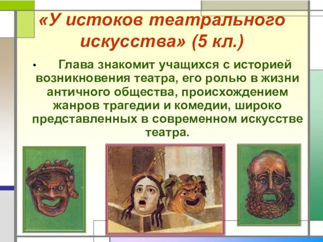 «У истоков театрального искусства» (5 кл.) Глава знакомит учащихся с историей возникновения