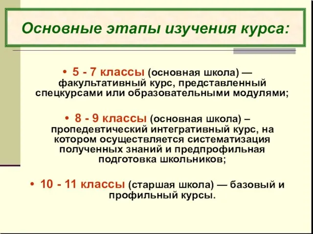 Основные этапы изучения курса: 5 - 7 классы (основная школа) — факультативный