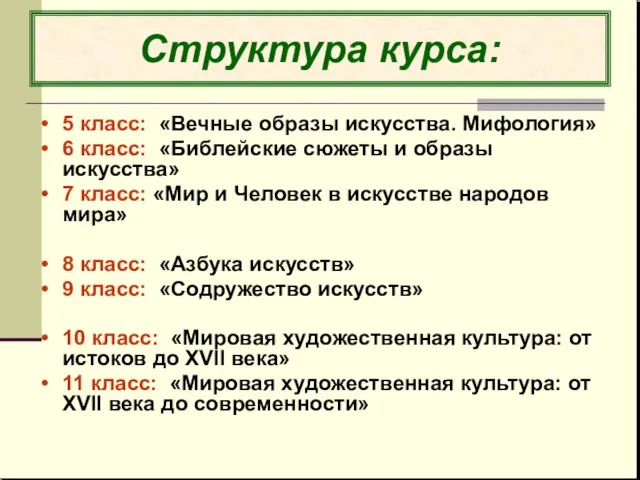 Структура курса: 5 класс: «Вечные образы искусства. Мифология» 6 класс: «Библейские сюжеты