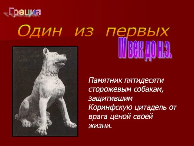 Один из первых IV век до н.э. Памятник пятидесяти сторожевым собакам, защитившим