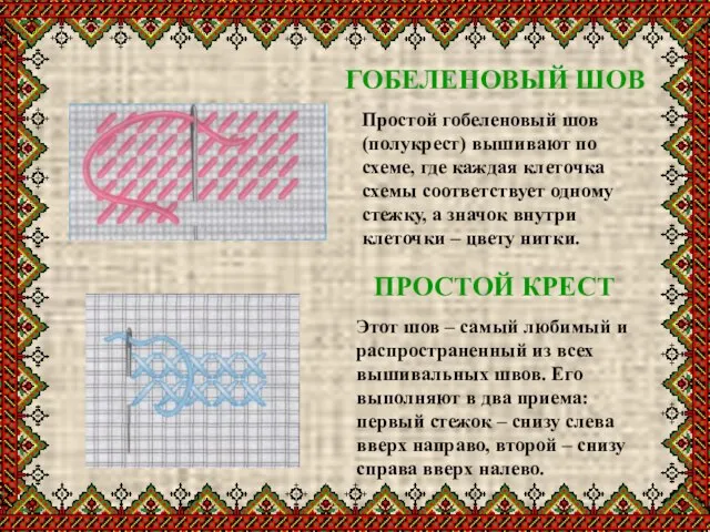 ГОБЕЛЕНОВЫЙ ШОВ Простой гобеленовый шов (полукрест) вышивают по схеме, где каждая клеточка