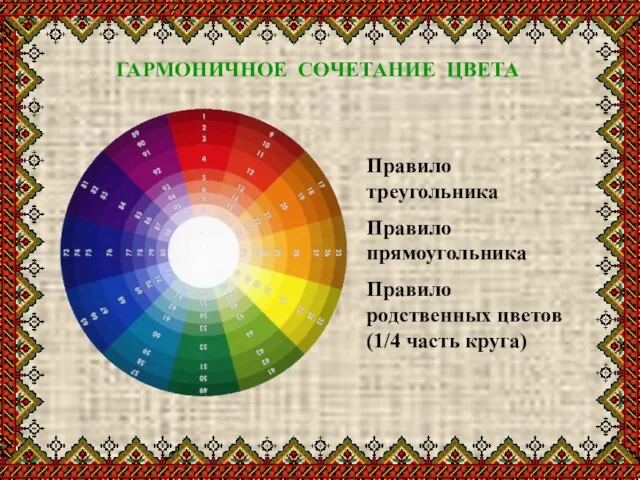 ГАРМОНИЧНОЕ СОЧЕТАНИЕ ЦВЕТА Правило треугольника Правило прямоугольника Правило родственных цветов (1/4 часть круга)