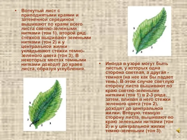 Вогнутый лист с приподнятыми краями и затененной серединой вышивают по краям всего