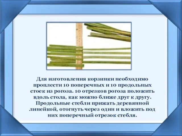 Для изготовления корзинки необходимо проплести 10 поперечных и 10 продольных стоек из