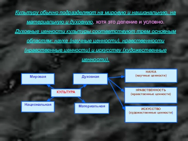 Культуру обычно подразделяют на мировую и национальную, на материальную и духовную, хотя