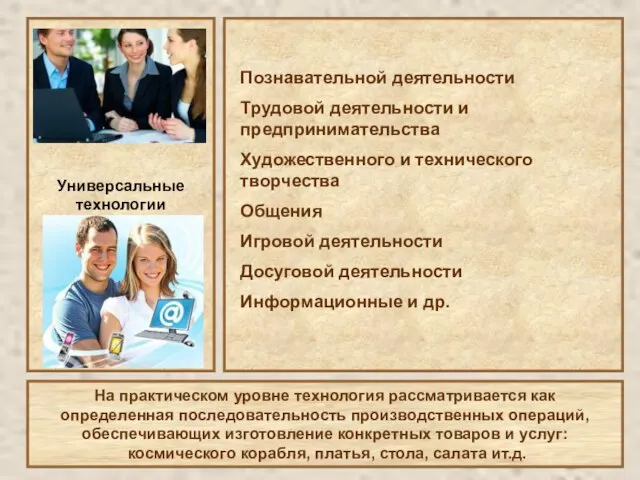 Универсальные технологии Познавательной деятельности Трудовой деятельности и предпринимательства Художественного и технического творчества