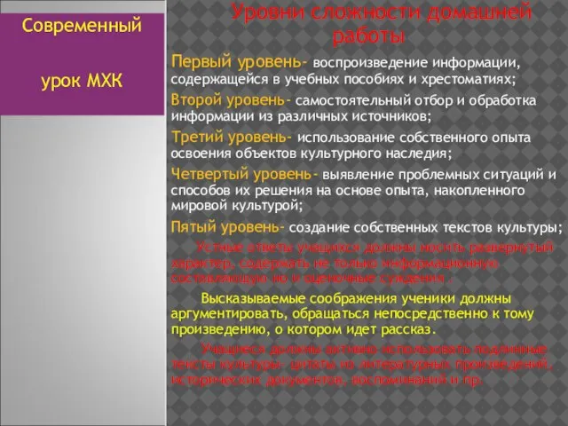 Уровни сложности домашней работы Первый уровень- воспроизведение информации, содержащейся в учебных пособиях