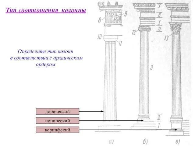 дорический Тип соотношения колонны Определите тип колонн в соответствии с архаическим ордером ионический коринфский