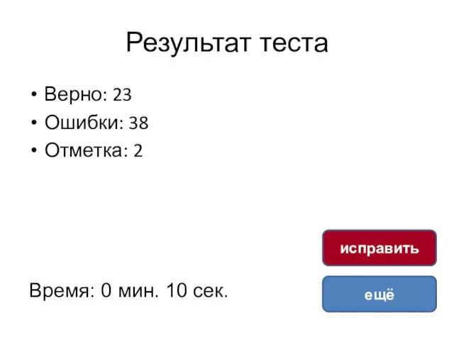 Результат теста Верно: 23 Ошибки: 38 Отметка: 2 Время: 0 мин. 10 сек. ещё исправить