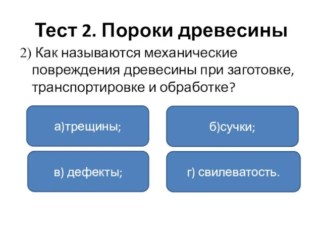 Тест 2. Пороки древесины 2) Как называются механические повреждения древесины при заготовке,