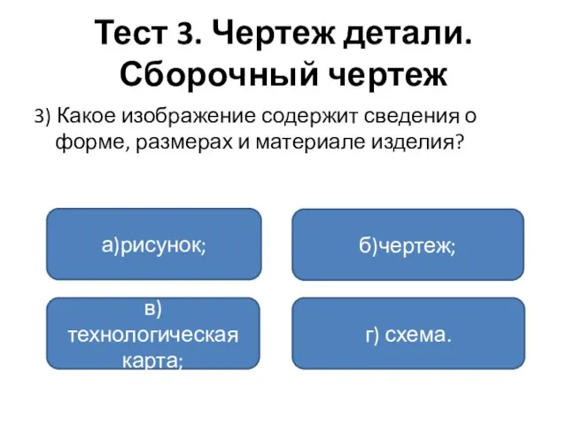 Тест 3. Чертеж детали. Сборочный чертеж 3) Какое изображение содержит сведения о