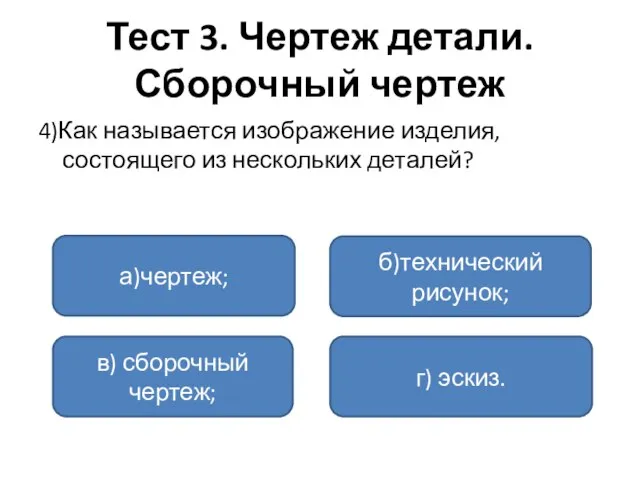 Тест 3. Чертеж детали. Сборочный чертеж 4)Как называется изображение изделия, состоящего из