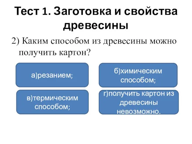 Тест 1. Заготовка и свойства древесины 2) Каким способом из древесины можно