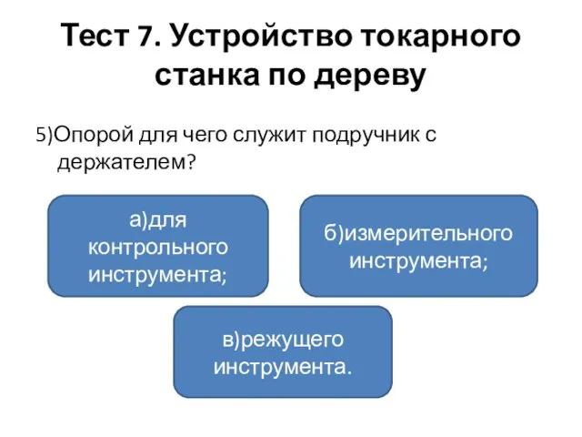 Тест 7. Устройство токарного станка по дереву 5)Опорой для чего служит подручник