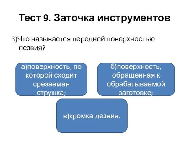 Тест 9. Заточка инструментов 3)Что называется передней поверхностью лезвия? а)поверхность, по которой