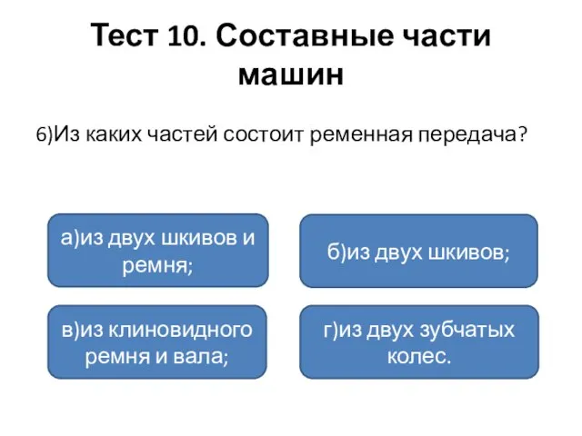 Тест 10. Составные части машин 6)Из каких частей состоит ременная передача? а)из