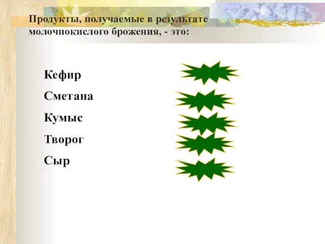 Кефир Сметана Кумыс Творог Сыр неверно верно неверно верно верно Продукты, получаемые