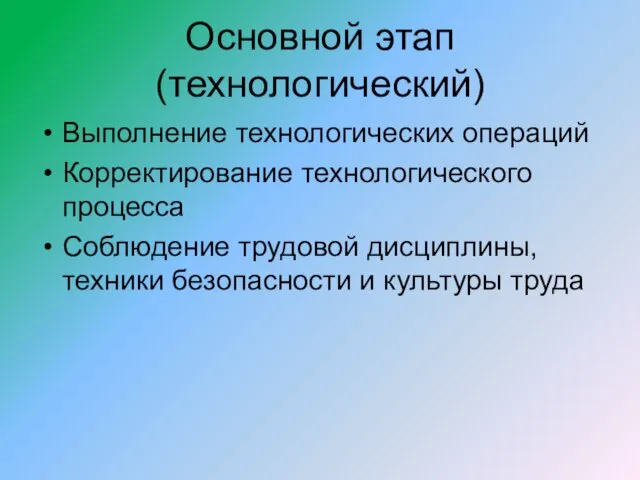 Основной этап (технологический) Выполнение технологических операций Корректирование технологического процесса Соблюдение трудовой дисциплины,