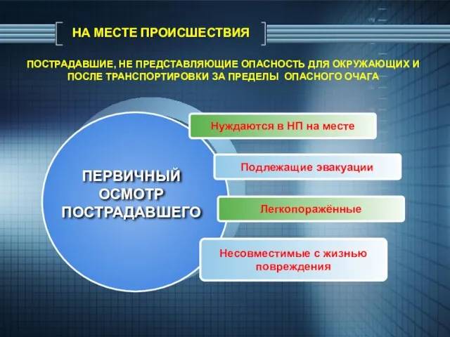 НА МЕСТЕ ПРОИСШЕСТВИЯ Нуждаются в НП на месте Подлежащие эвакуации Легкопоражённые Несовместимые