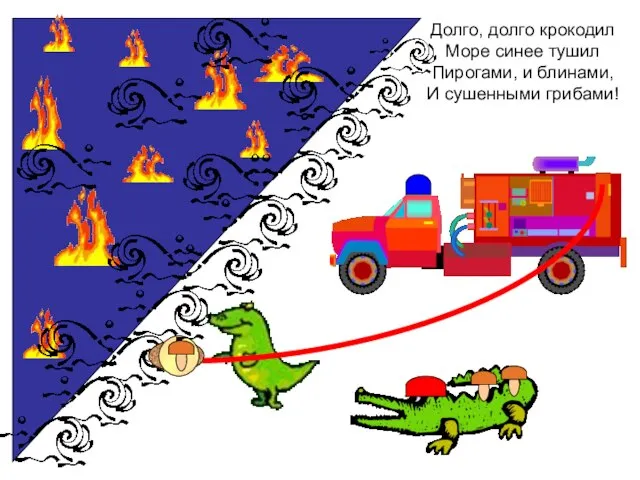 Долго, долго крокодил Море синее тушил Пирогами, и блинами, И сушенными грибами!