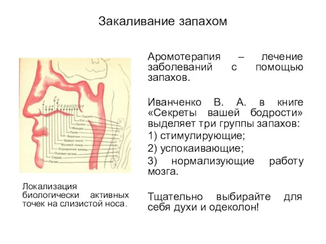 Закаливание запахом Аромотерапия – лечение заболеваний с помощью запахов. Иванченко В. А.