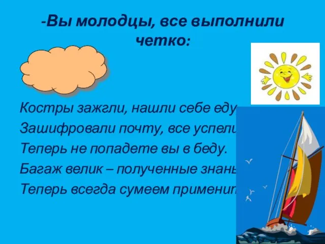 -Вы молодцы, все выполнили четко: Костры зажгли, нашли себе еду, Зашифровали почту,