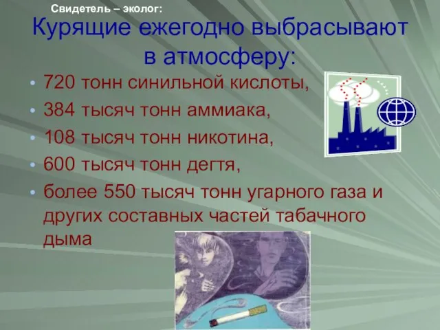 Курящие ежегодно выбрасывают в атмосферу: 720 тонн синильной кислоты, 384 тысяч тонн