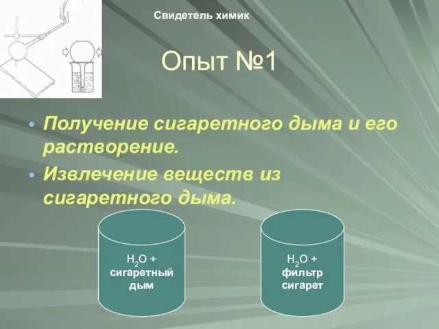 Опыт №1 Получение сигаретного дыма и его растворение. Извлечение веществ из сигаретного