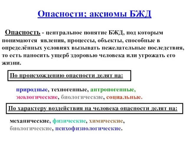 Опасности; аксиомы БЖД Опасность - центральное понятие БЖД, под которым понимаются явления,